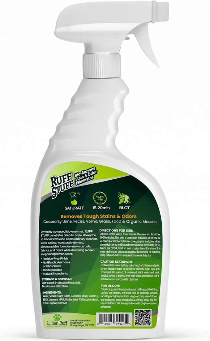 RUFF STUFF Max-Strength Bioenzyme Cleaner, Pet Stain & Odor Eliminator, Laundry Stain Remover Spray for Clothes, Dog Urine Carpet & Upholstery Cleaner, Lemon Scent, 32 Fl Oz