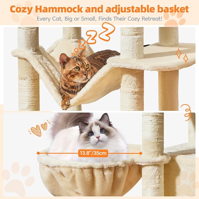 Taoqimiao Large Cat Tree, 73 in Tall Cat Tower with 2 Plush Big Cat Condos | 9 Scratching Posts, 2 Top Perches, Cozy Hammock & Basket, Indoor Cats, 2 Pompoms & Mouse Toy, Beige, MS013XLM
