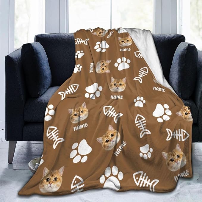 Nxwdwqa Personalized Cat Face Blanket Throws with Photos, Custom Pet Face Blanket, Cat Gifts for Pet Lovers, Customized Puppy Blanket for Adult Kid Birthday Christmas Fathers Mothers Valentines Gift