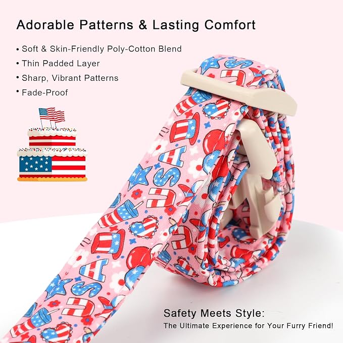 4th of July Dog Collar, Cute Pink Patriotic Dog Collars for Medium Dogs - Independence Day Girly Pup Collars, Soft Adjustable Flag Day Female Dog Collar M