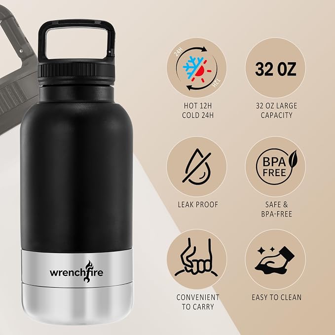 32 oz Instulated Stainless Steel Dog Water Bottle with 2 Detachable Bowls,Portable Cat Travel Dispenser with Brush for Walking Hiking Camping,Black