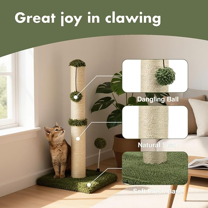 MECOOL Cat Scratching Post Premium Basics Kitten Scratcher Sisal Scratch Posts with Hanging Ball 22in for Kittens or Smaller Cats, Cactus Green