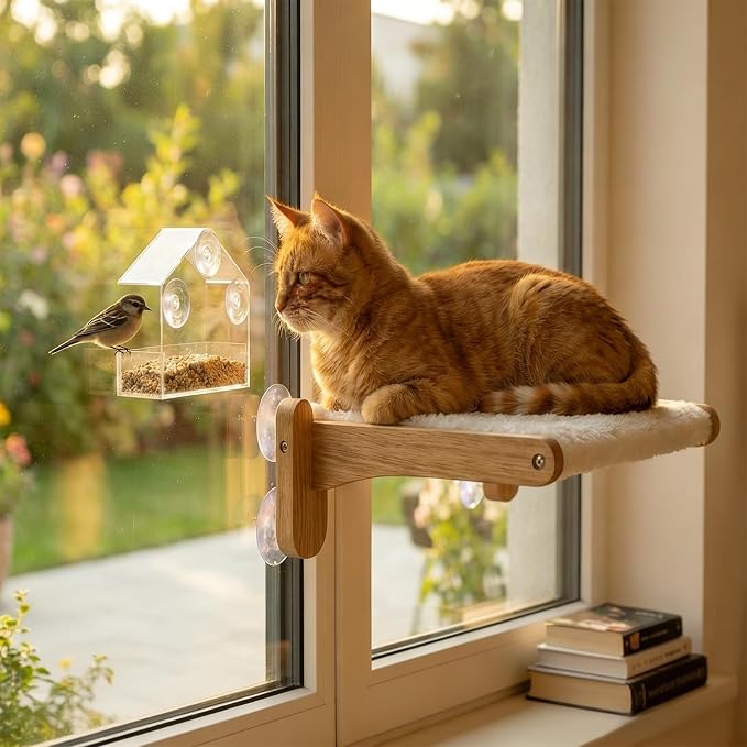 Cat Window Perch with Bird Feeder,Suction Cup Window Cat Bed for Large Cats | Solid Wood Frame, Plush Washable Cover. Suction Cups Support Up To 50 Lbs On Flat Glass. Foldable Design, Tool-Free Setup.