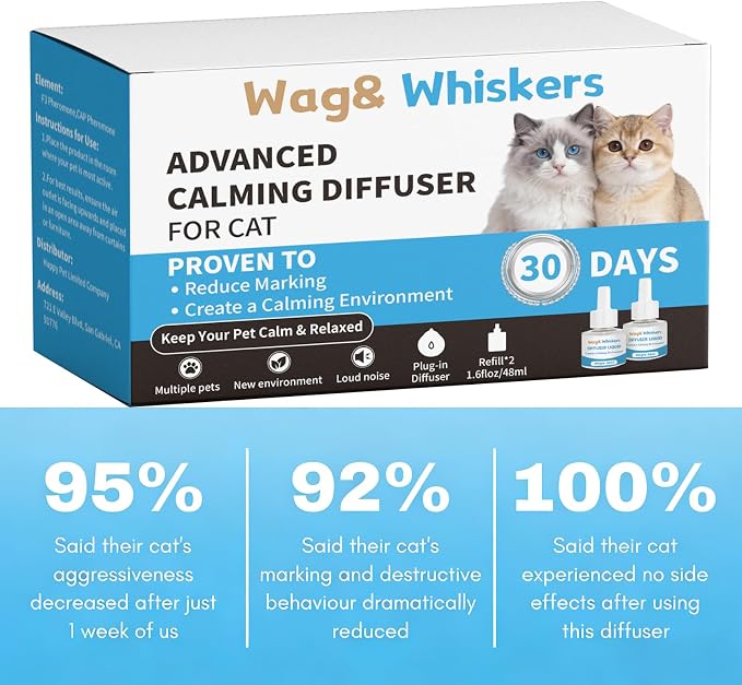 Calming Diffuser, Soothe Your Pet's Emotions, Reduce Stress and Anxiety, and Decrease Fighting and Scratching Behaviors, 3-in-1 Kit for Cats (1Charging Plugs+4Refills)
