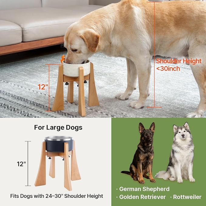 Wooden Elevated Dog Stand Set with Bowl, Raised 12" Tall Adjustable Width | Fits 7.1-9.4 Inch Dog Bowls, Stainless Steel Bowl for Food Water, Neck Protection Design for Medium Breed, Senior Dogs