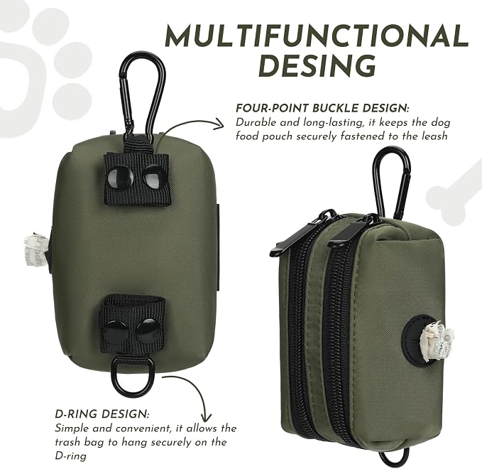 Dog Training Treat Pouch, Treat Bag Fanny Pack with Double-Zip Pocket and Four-Button Closure Waterproof Durable Dog Treat Pouch with 1 Roll of Dog Waste Bags (Green)