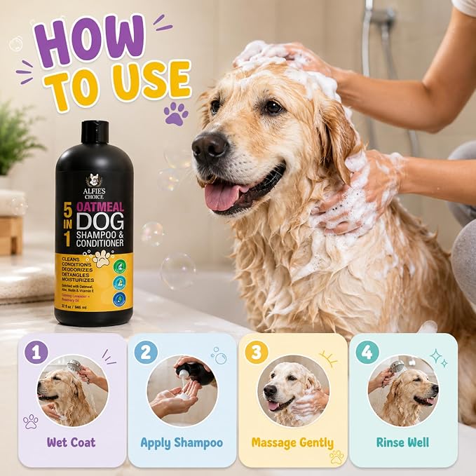 Oatmeal Dog Shampoo and Conditioner for Sensitive Skin with Aloe 32 fl oz | 5 in 1 Puppy Shampoo for Itchy, Sensitive Skin | Cleans, Conditions, Deodorizes & Moisturizes For All Breeds | ALFIE'S CHOICE