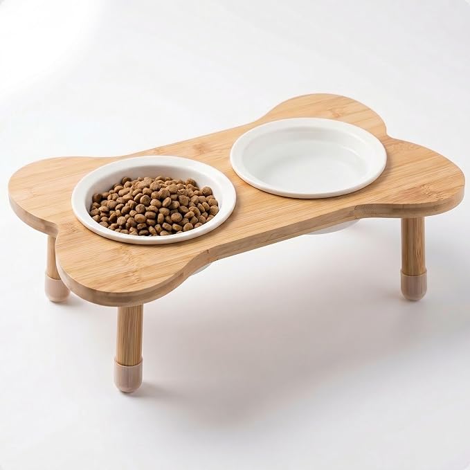Elevated Dog Bowls for Small Dogs, Set of 2 Ceramic Dog Bowls with Stand | Screw-in Bamboo Legs, Pre-Drilled Holes, Anti-Slip Bamboo Stand, Easy to Assemble, Set of 2 Dog Bowls for Dogs up to 20 lbs
