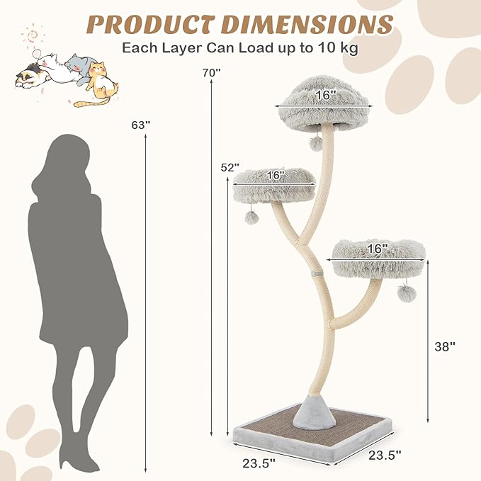 70" Tall Cat Tree, Cat Tower with Scratching Posts and Board, Multi-Level Cat Tower for Large Cats 20 lbs+ with 3 Cozy Perches and Dangling Balls, Modern Cat Tree for Indoor Cats Large Adult
