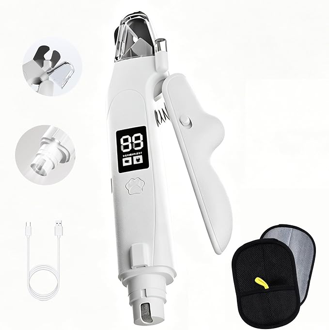 2 in 1 Nail Clippers with Grinder for Dog & Cat, Electric Rechargeable Claw Trimmer with LED, Safety Guard & Long Battery Cordless-Quiet Grooming for Pets, with 1 Hair Remover Glove