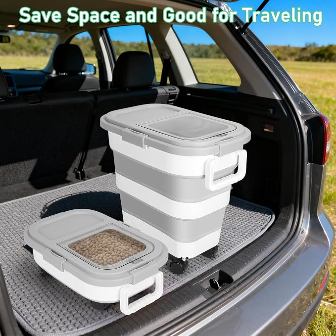 30LB Dog Food Storage Container with Wheels, Lid, Handle, Cup and Scoop | Collapsible Pet food Storage Containers, Airtight Food Storage Bin for Cat Dog Kibbles, Bird Seed, Rice, Flour, Cereal -Grey