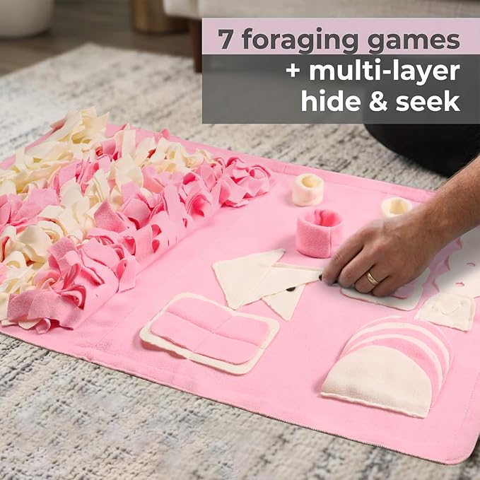 Snuffle Mat for Dogs: Slow Food Interactive Experience - 7 Enrichment Foraging Games for Large Dog Owners Needing to Burn Pet Energy - Washable 1000 Times - 22x38 inch - Pink