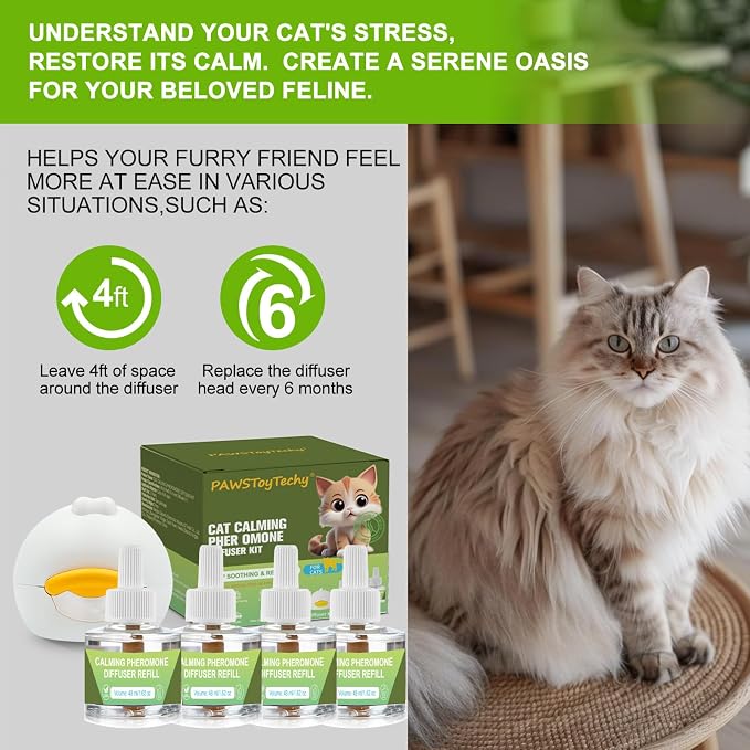 Cat Calming Diffuser Kit: 1 Diffuser + 4 Refills (120-Day Supply) - Professional Cat Pheromones Calming Diffuser for Anxiety Relief - Helps Reduce Scratching, Meowing & Urine Marking (L2)