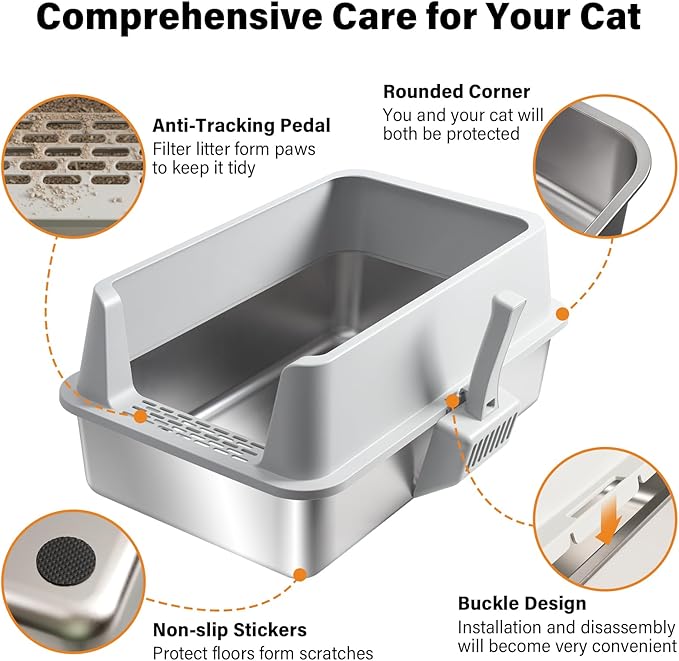 XL Stainless Steel Cat Litterbox,Stainless Steel Litter Box, Easy Clean Non Stick No Smell