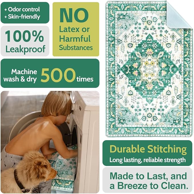 Washable Pee Pads for Dogs, 2 Pack Reusable Puppy Training Pads 60"x48" Super Absorbent Waterproof Dog Training Pads, Non-Slip Potty Pads, Whelping Pads Litter Mat Green Medallion
