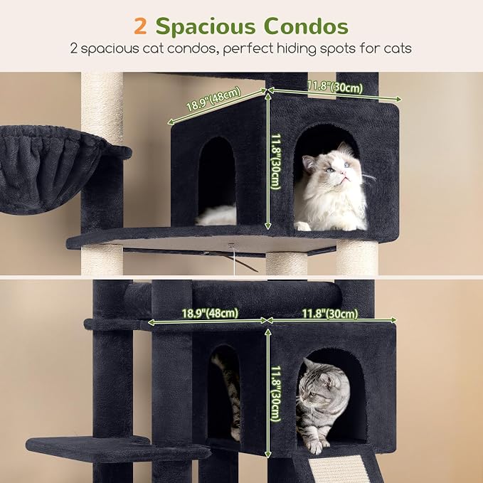 Globlazer Tall Cat Tree for Indoor Large Cats, 75 inch, F75C, Dark Grey | Multi-Level Cat Tower, 2 Large Platforms, 2 Oversized Cat Condos, 5 Scratching Posts, Scratching Board, Removable Pet Bed