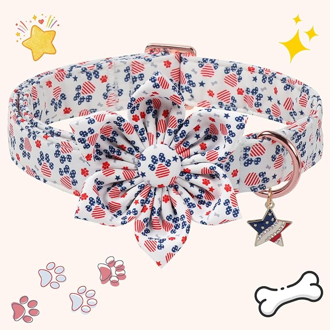 4th of July American Flag Dog Collar, DOGWONG Red Blue Flower Dog Collar with Metal Adjustable Buckle,Soft and Comfortable Independence Day Dog Collars for Mediuml Dogs,M