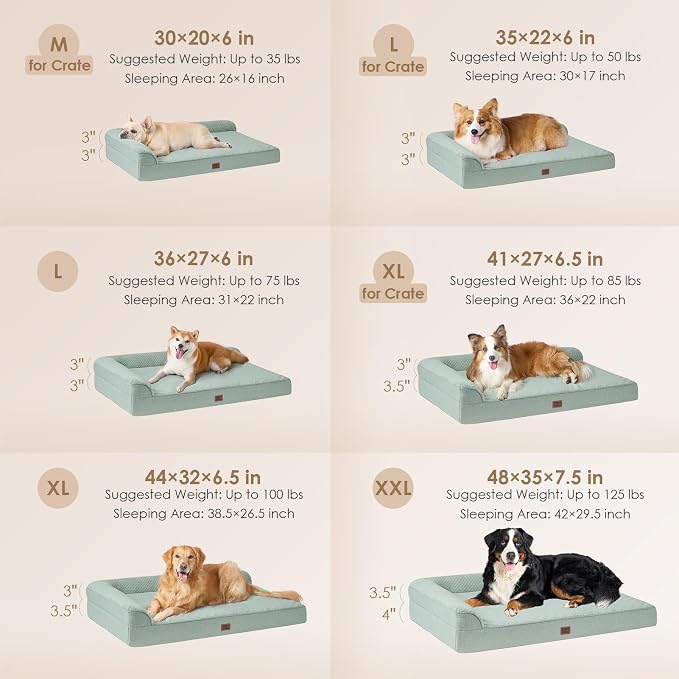 EHEYCIGA Memory Foam Dog Bed Large Size Dogs, Orthopedic Dog Bed Large with Washable Removable Cover, Waterproof Pet Sofa Couch with Nonskid Bottom, 36x27x6, Greyish Green