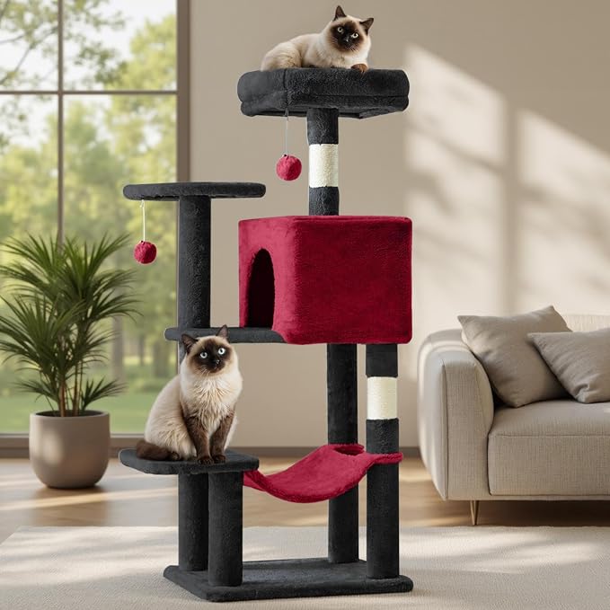 Sweetcrispy 44 Inch Cat Tree Tower for Indoor Cats and Kittens | Multi Level Cat Climbing Tower with Natural Sisal Scratching Posts, Hammock, Pet Condo, Black and Red