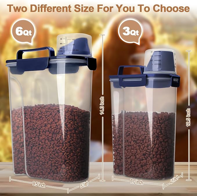 TIOVERY Dog Food Storage Container, 5-7 Lbs Airtight Pet Food Container, Cat Food Container Dispenser with Portable Handle, Pouring Spout and 4 Seal Buckles for Dogs Cats 2 Pack Blue