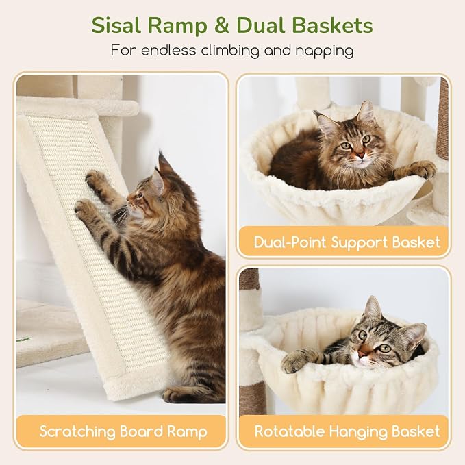 Globlazer 80in Tall Extra Large Heavy Duty Corner Cat Tree Tower, S80C | Sturdy Big Cat Tower for Indoor Cats Large Adult with Scratching Post, 2 Spacious Condos with Padding, 2 Perches, Beige
