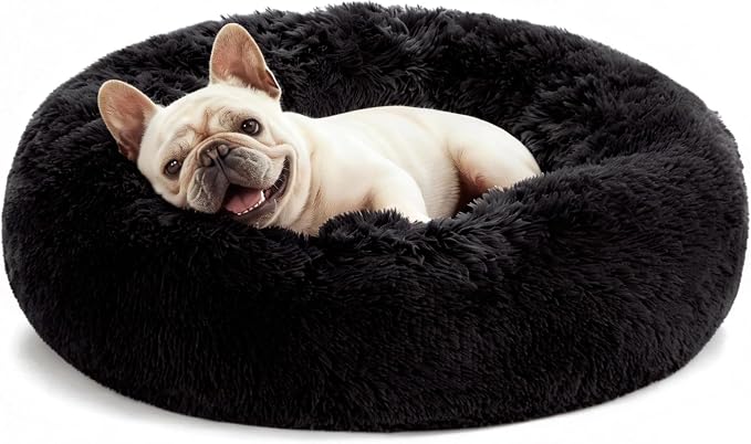 Love's cabin Calming Cat Bed for Indoor Cats, Anti-Anxiety Donut Round Dog Bed,Fluffy Faux Fur Washable Pet Bed for Small Medium Dogs and Cats, Black, 20in
