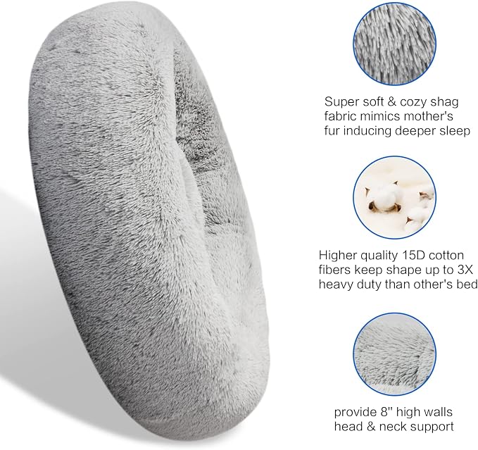 SAVFOX 54 inches Calming Donut Dog Bed - 3X Durable Plush Faux Fur, Machine Washable & Non-Slip, Fits up to 210 lbs, Removable Cover, Light Grey