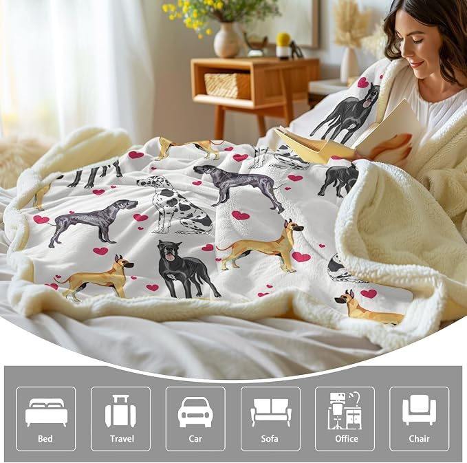BlessLiving Great Dane Dog Blanket Red Heart Puppy Print Sherpa Fleece Throw Blanket Funny Dog Portrait Plush Blankets (Queen, 90 x 90 Inches)