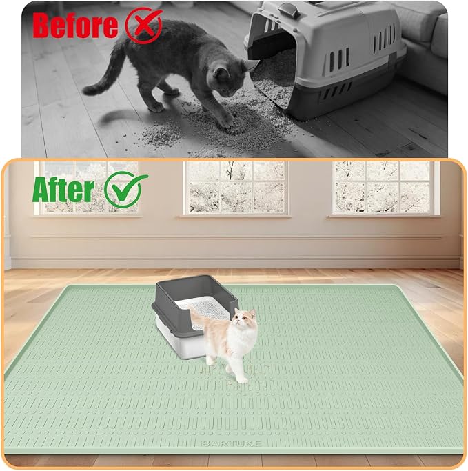 Silicone Cat Litter Mat 47" x 35" Cat Mat for Litter Box, Green | Extra Large Cat Litter Trapping Mat for Floor, Waterproof, Non-Slip Kitty Litter Box Mat with Raised Edge, Easy to Clean