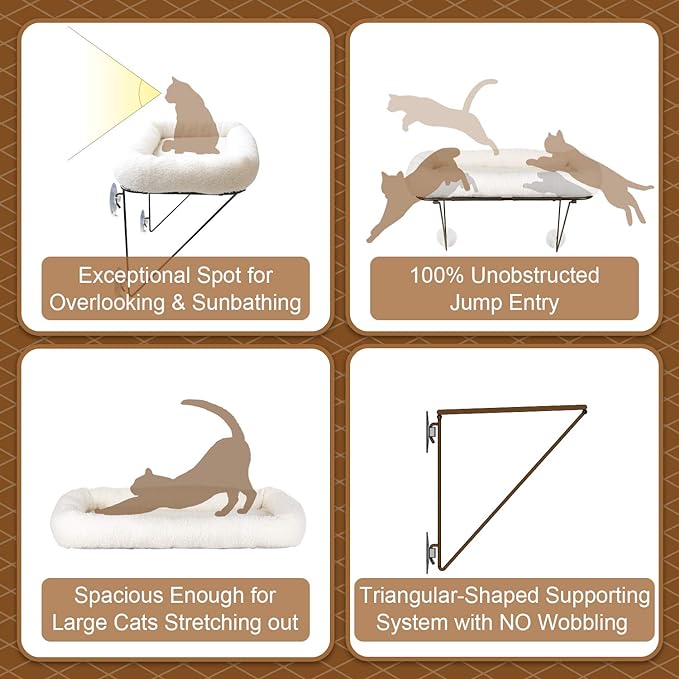 Zakkart Cat Window Perch - 100% Metal Supported from Below - Comes with Warm Spacious Pet Bed - Cat Window Hammock for Large Cats & Kittens - for Sunbathing, Napping & Overlooking (White)