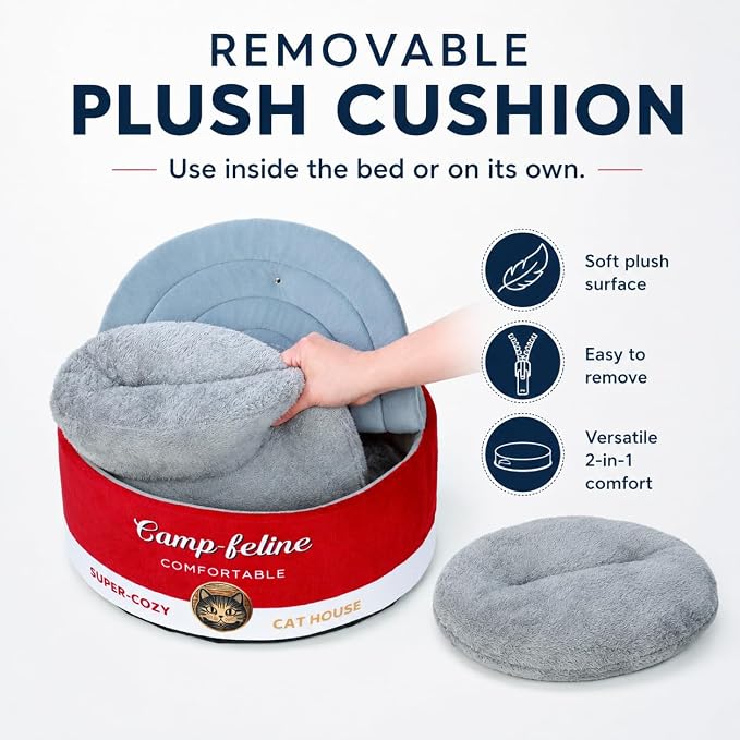 PECHVINO Can-Shaped Cat Bed – Ramen Bowl Cat Bed with Cover | Cute Enclosed Bed with Ultra-Soft Cushion, Private & Cozy Design for Cats & Small Dogs