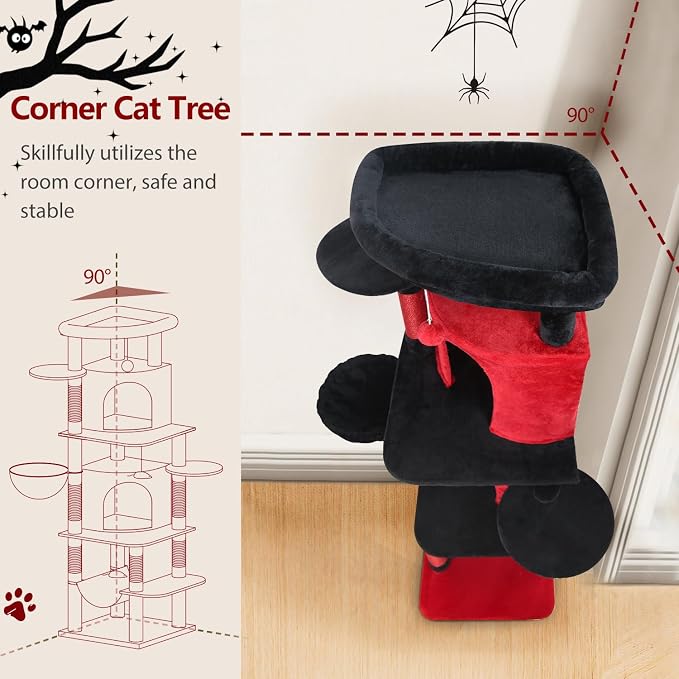 Globlazer 66in Gothic Corner Cat Tree for Indoor Large Cats, C66, Black Red | Space-Saving Stable Goth Cat Tower with 6 Scratching Posts, 2 Large Fan-shaped Condos & Top Perch, Hammock, Climbing Steps