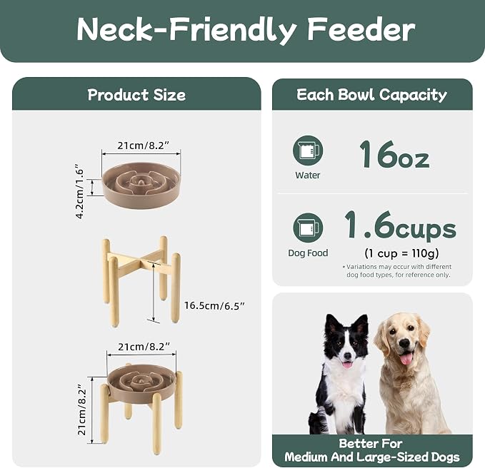 Havniva 8.2” Raised Slow Feeder Dog Bowls, 1.6 Cups Ceramic Dog Bowl Slow Feeding for Medium Breed, Elevated Puzzle Dog Food Bowl with Wooden Stand Non-Slip Anti-Gulping & Anti-Choking