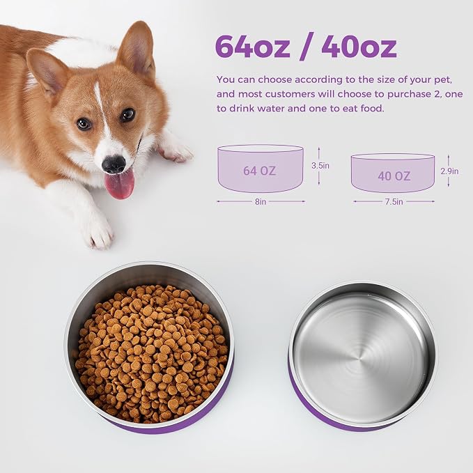 WENBOKMIN Dog Bowl, Stainless Steel Dog Food and Water Bowl with Non Slip Quiet Bottom, Easy to Clean, Dishwasher Safe, 64oz, Purple