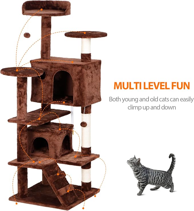 ZENY 53 inches Cat Tree with Sisal-Covered Scratching Posts and 2 Plush Rooms Cat Furniture for Kittens (Brown)