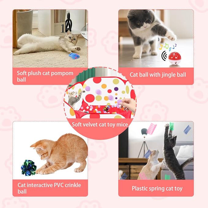 Cat Ball Pit for Cats, Include 226 Pcs Interactive Cat Toy for Indoor Kittens, Cat Enrichment Toys for Bored Indoor Cats Self Play Kitty Toys Bundle Pack Entertainment (Red)
