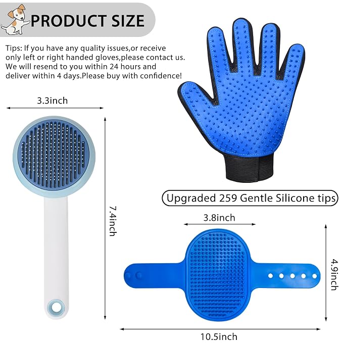 Cat Grooming Glove Brush, Self-Cleaning Slicker Pet Brush | Dog Bath Brush for Shedding and Grooming, Removes Loose Hair and Tangles for Short and Long Haired Pets, Blue