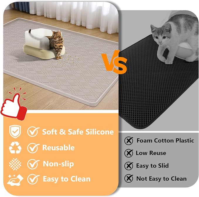 Silicone Cat Litter Mat 42" x 29" Cat Mat for Litter Box, Khaki | Extra Large Cat Litter Trapping Mat for Floor, Waterproof, Non-Slip Kitty Litter Box Mat with Raised Edge, Easy to Clean
