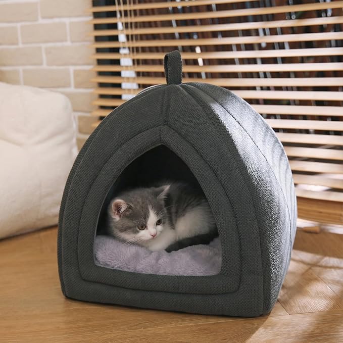 Amazon Basics Cat Cave Bed, 2-in-1 Foldable House for Indoor Cats, with Washable Cushion and Non-Slip Base, 15 x 15 Inches, Small