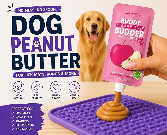 BUDDY BUDDER 6 Pack Mixed Flavor Squeeze Packs, 100% Natural Dog Peanut Butter, Healthy Peanut Butter Dog Treats, Made in USA, (4oz Packs)