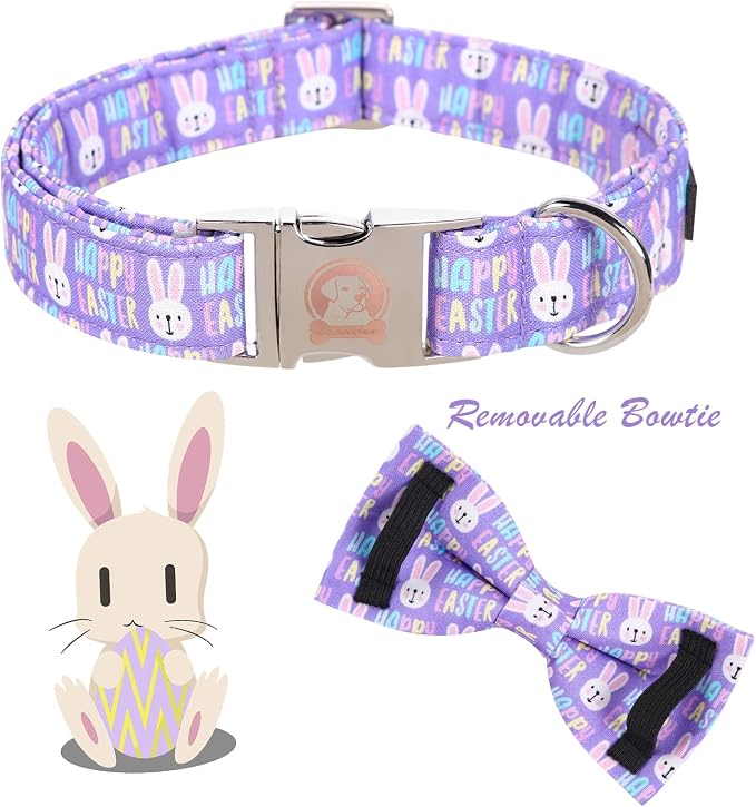 ·MR. CHUBBYFACE· Easter Dog Collar Rabbit Puppy Collar with Bow, Adjustable Pet Collar Bowtie for Small Medium Large Dogs