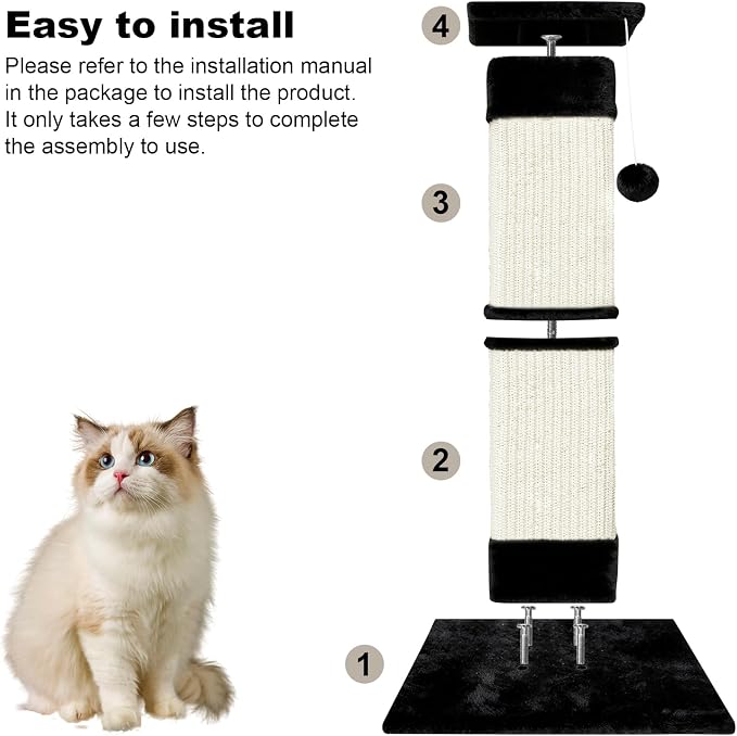 Cat Scratching Post 33 inch for Indoor Cats, Sisal Cat Scratcher, Vertical Posts with Dangling Ball, High Cat Scratch Post, Cat Tree for Full-Body Stretching, Protect Your Furniture, Black