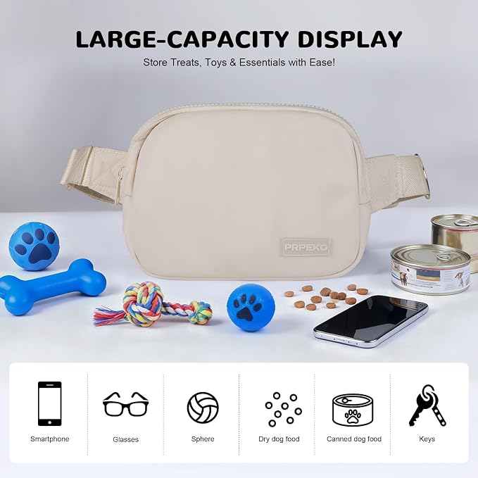Prpeko Dog Treat Pouch Fanny Pack,Treat Pouches for Pet Training with Removable Snack Pouch,Pet Waist Belt with Poop Bag Dispenser,Dog Walking Training Bag (Beige)