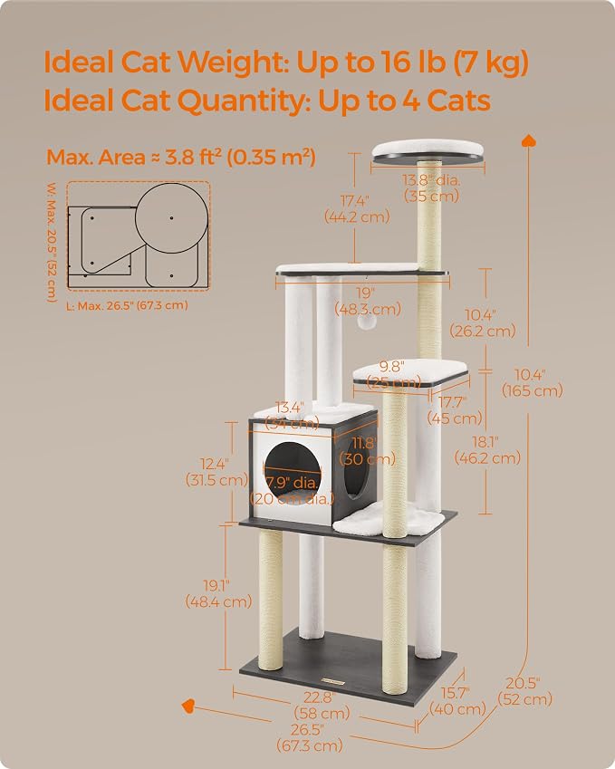 Feandrea Cat Tree, 65-Inch Multi-Level Tower with 5 Scratching Posts | Modern Cat Condo for Indoor Cats, Perch, Washable Removable Cushions, Misty Gray, CAEN Collection UPCT166G03