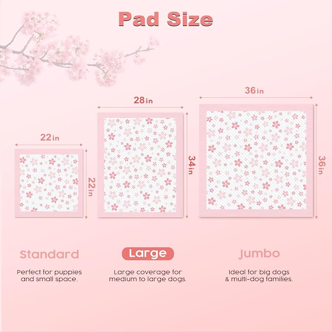 MIZOK Dog Pee Pads Extra Large 28"x34", Potty Pads for Big Dog Breeds, Super Absorbent & Leak-Proof, Pink Cherry Blossom Prints, Thick & Heavy, 4-Corner Adhesive Tabs, XL (30 Counts)