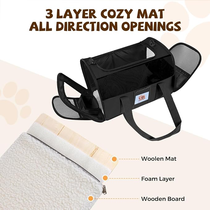 Soft Cat Carrier for Pets Up to 15 lbs, TSA Approved for Airline in-Cabin, Cat Travel Bag with Detachable Cat Food Bowl, Pet Carriers for Small Dogs, Waterproof Travel Puppy Carry, Black