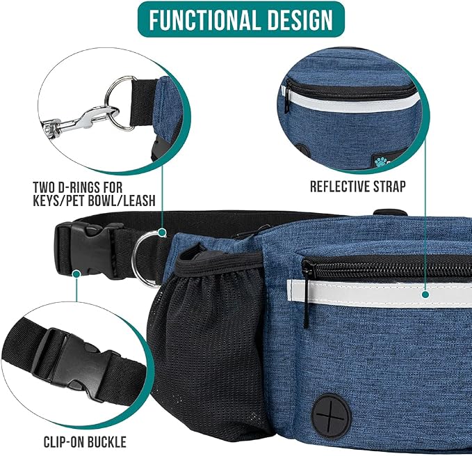 PetAmi Dog Fanny Pack, Treat Pouch for Dog Walking Training, Navy Blue | Built in Poop Bag Dispenser, Water Bottle Holder, Collapsible Bowl, Pet Treat Waist Belt for Hiking Running Kibbles