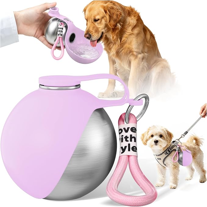 2 in 1 Dog Water Bottle with Bowl, 10oz Stainless Steel Travel Pet Water Dispenser, No-Spill Leak-Proof Design with Silicone Bowl, Compact Pet Drinking Bowl for Puppies Outdoor (Pink)
