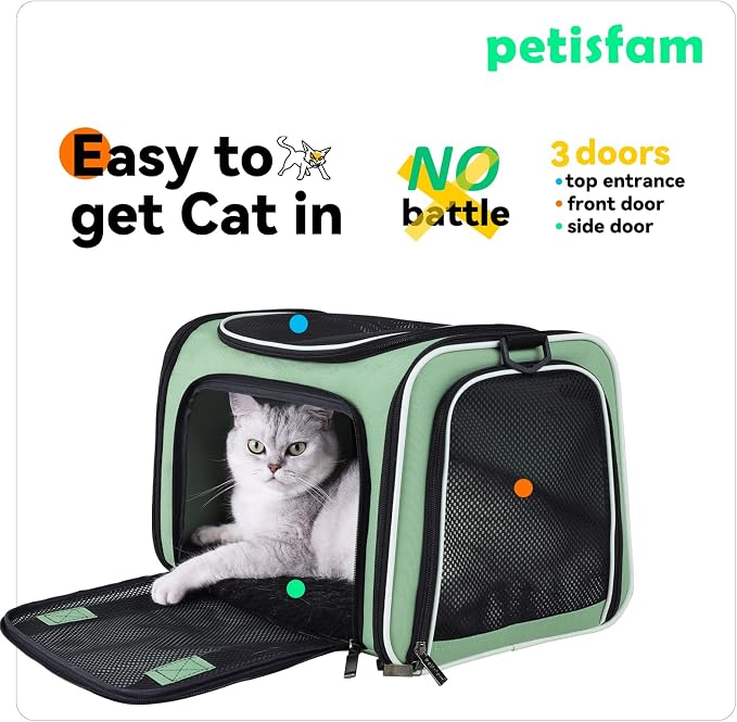 Top Load Cat Carrier for Medium Cats and Small Dogs with Washable Cozy Bed, 3 Doors and Shoulder Strap. Easy to get cat in, Easy Storage, Lightweight, Airline Approved