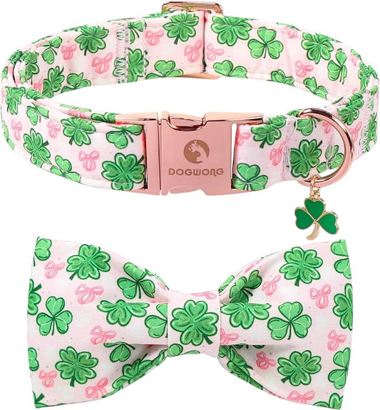 DOGWONG St. Patrick's Day Shamrock Dog Collar with Bow,Pink Green Four Leaf Clover Pattern Dog Collar, Adjustable Durable Soft Collars Irish Gift for Male Female Dogs,XL